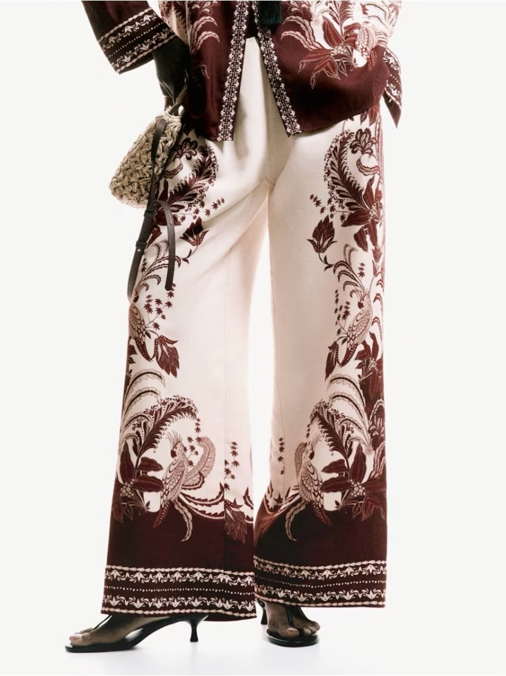 H&M Women Printed Wide Leg Trousers Parrot Floral High Waist Loose Fit NWT Sz S